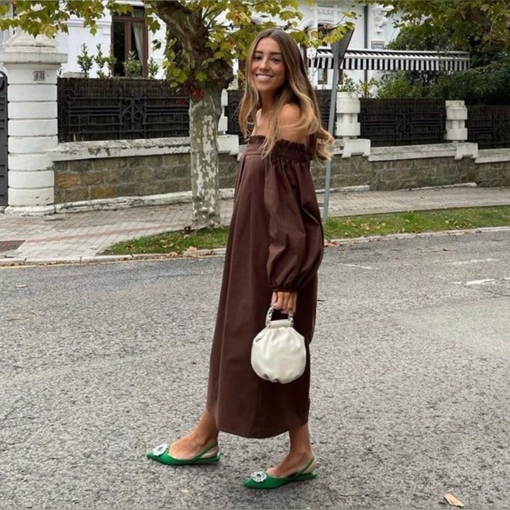 PLEATED POPLIN BALLOON SLEVES DRESS